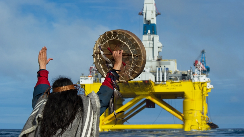 Armed With Only Feather and Drum, First Nations Activist Takes On Shell’s Behemoth Arctic Drill Rig