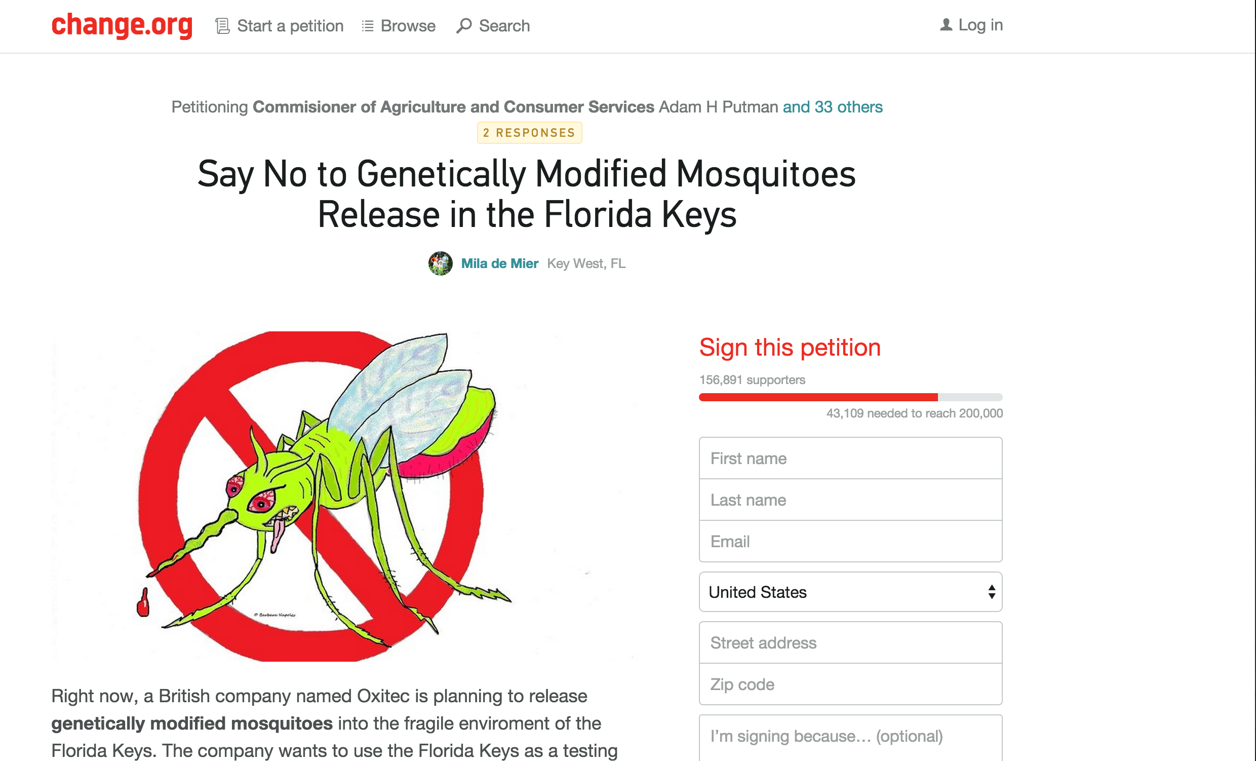 Petition Aiming to Stop the Release of GMO Mosquitos into Key West Still Going Strong