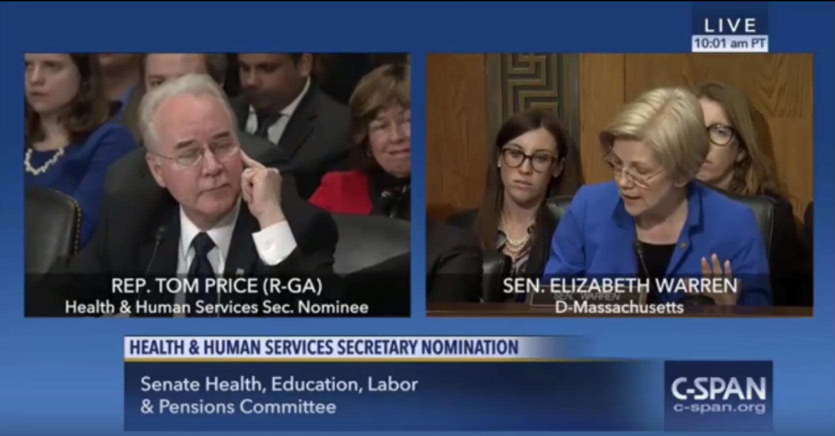 WATCH: Elizabeth Warren Lambasts Trump’s HHS Pick Tom Price on Insider Trading Scandal in Senate Hearing