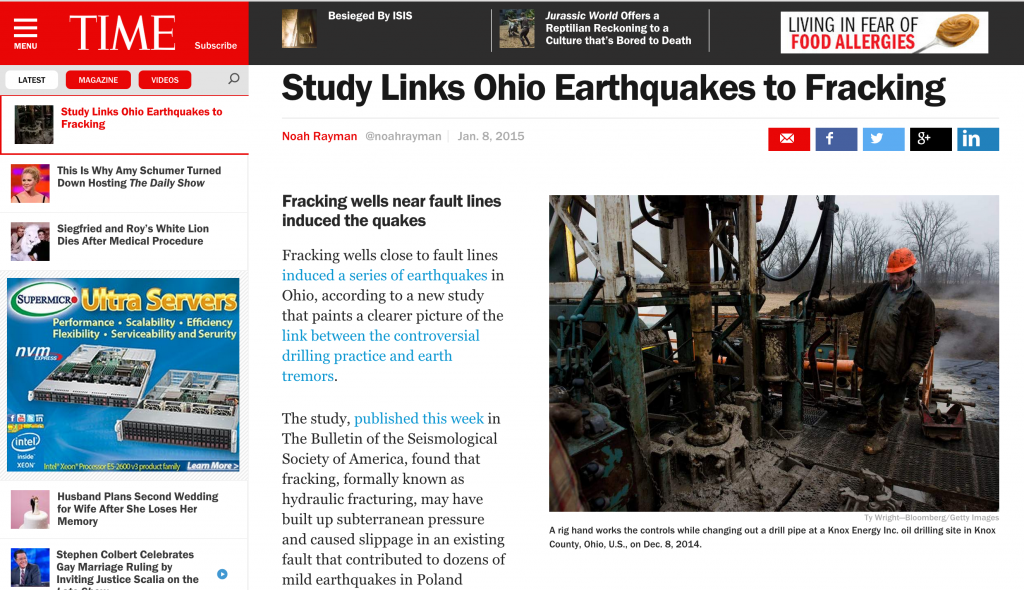 Ohio Fracking Earthquakes Headline -- Time