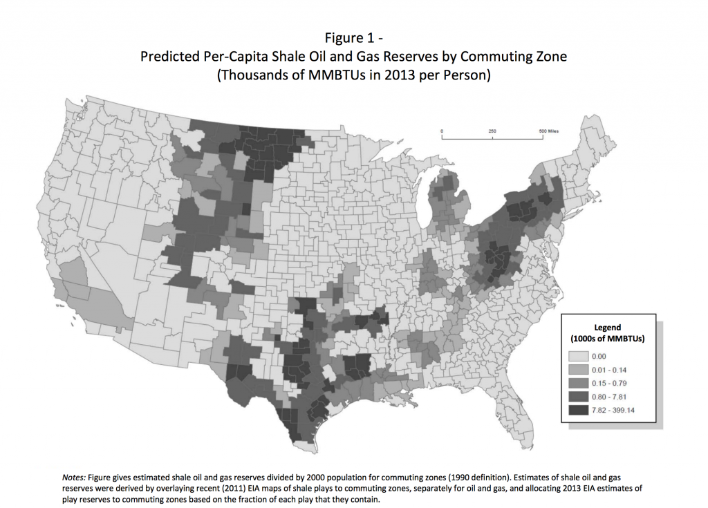 Predicted per-Capita U.S. Shale Oil and Gas Reserves by Commuting Zone