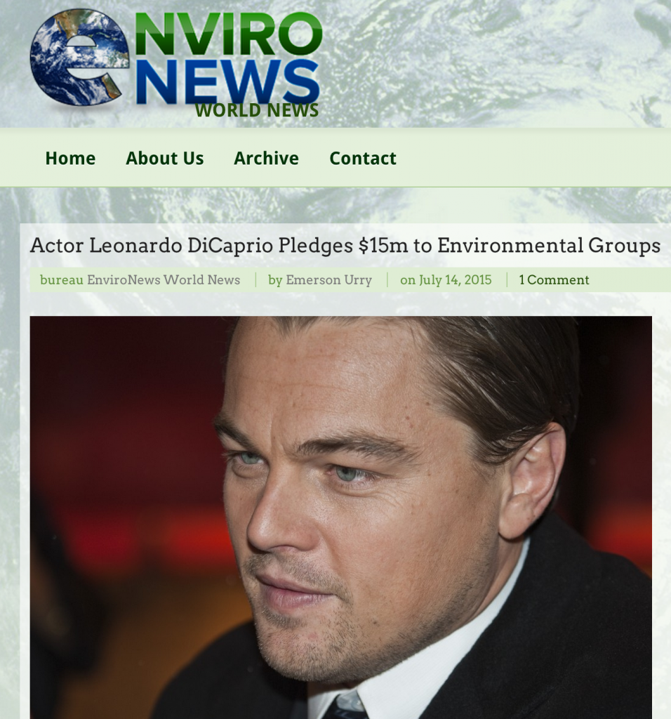 Leonardo DiCaprio -- EnviroNews $15m Pledge Headline 