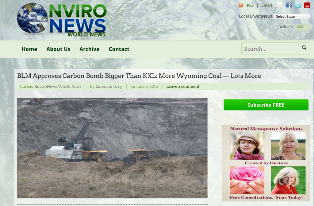 EnviroNews World News Headline: BLM Approves Carbon Bomb Bigger Than KXL: More Wyoming Coal — Lots More