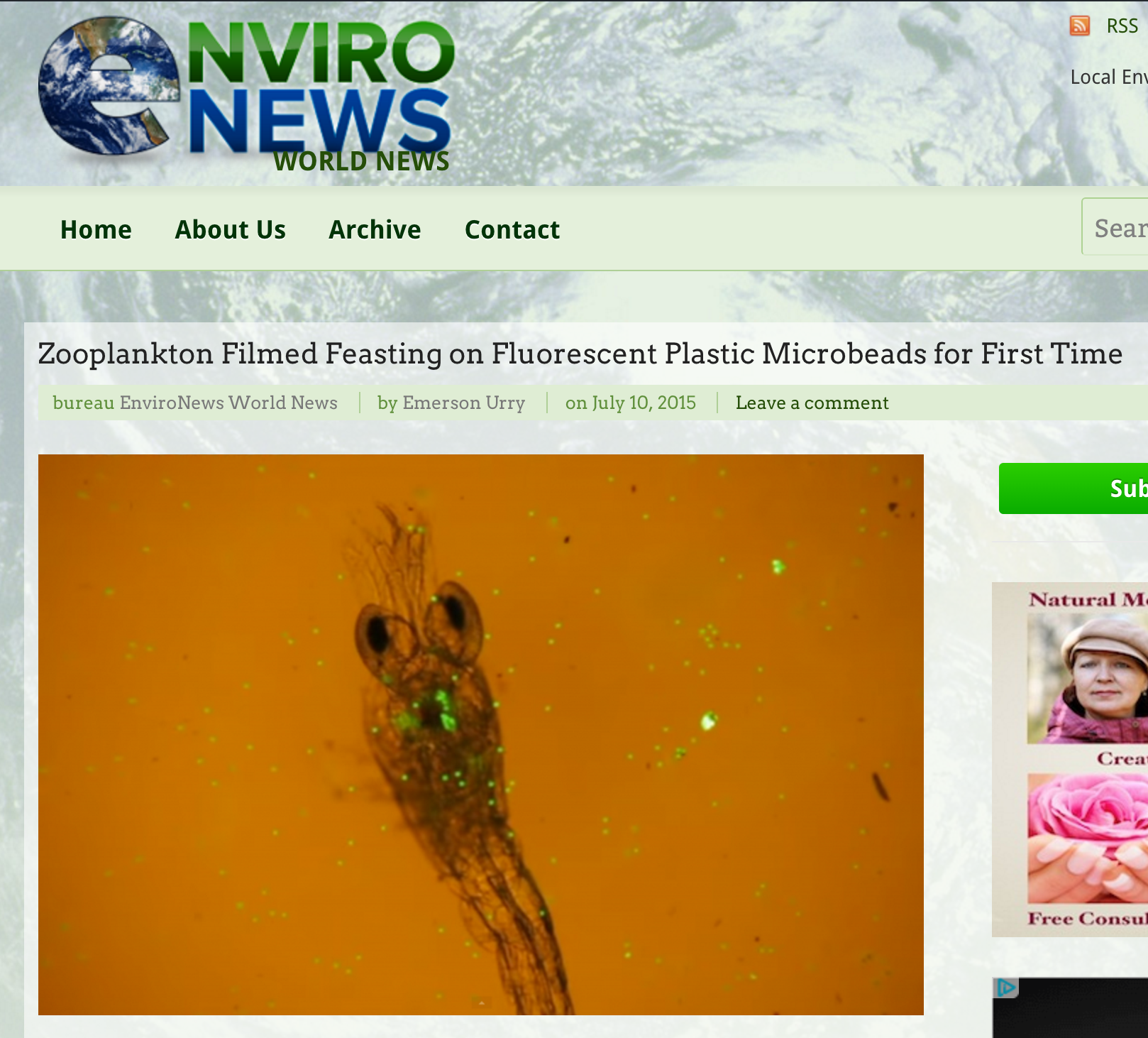 EnviroNews Headline: Zooplankton Filmed Feasting on Fluorescent Plastic Microbeads for First Time