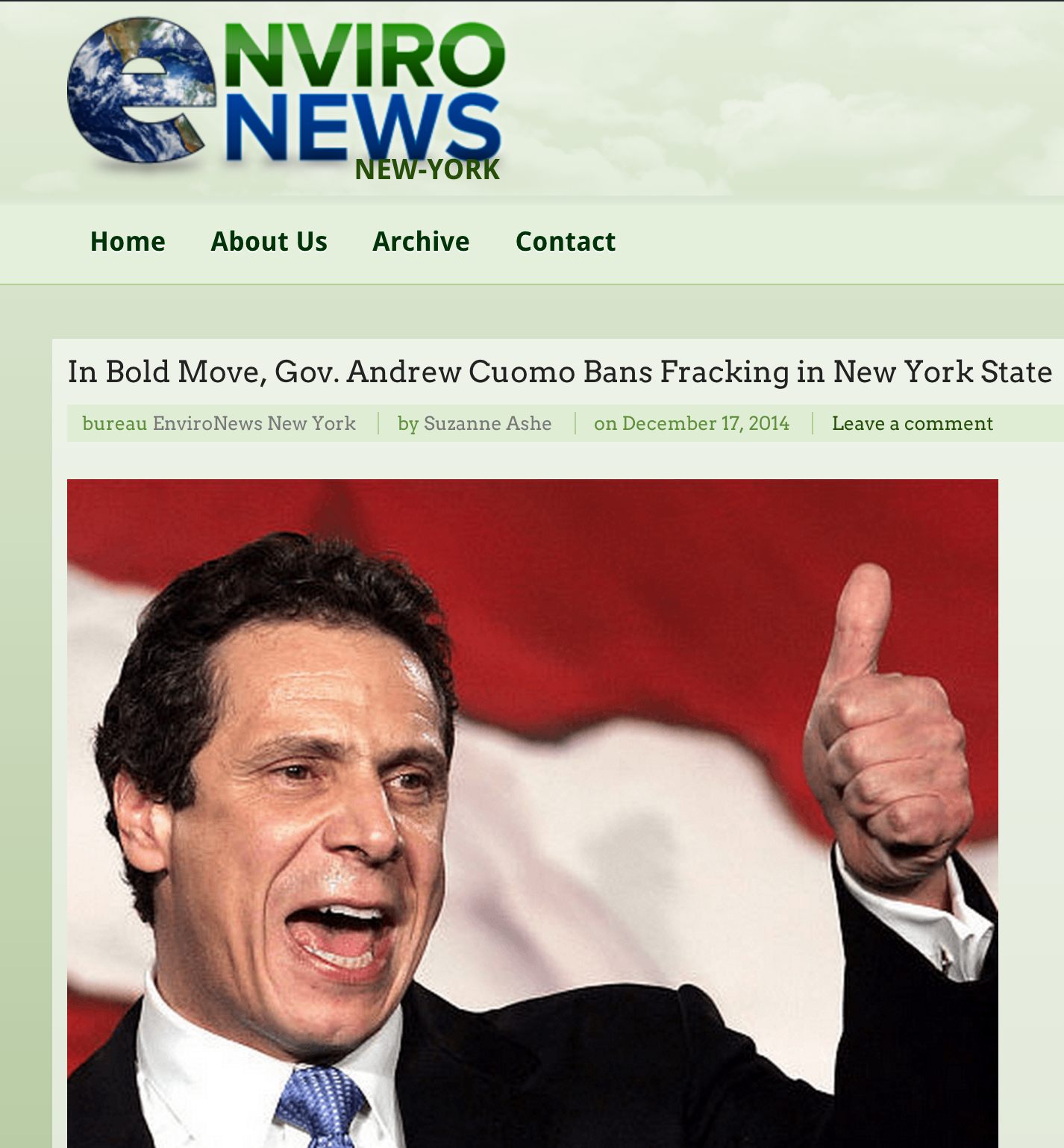 EnviroNews Headline: In Bold Move, Gov. Cuomo Bans Fracking in New York State